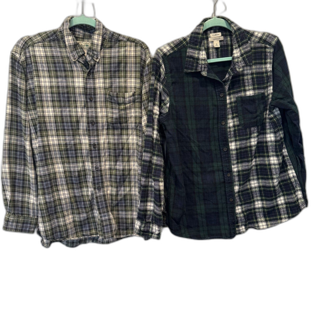 L.L.Bean Plaid Flannel Shirts Lot 2 Button Down Green Cabin Cotton Men sz Large